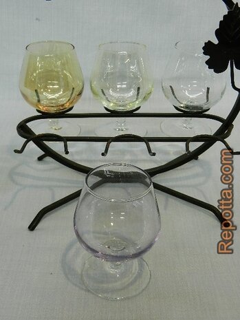 6 colored glasses in a glass caddy SOLD